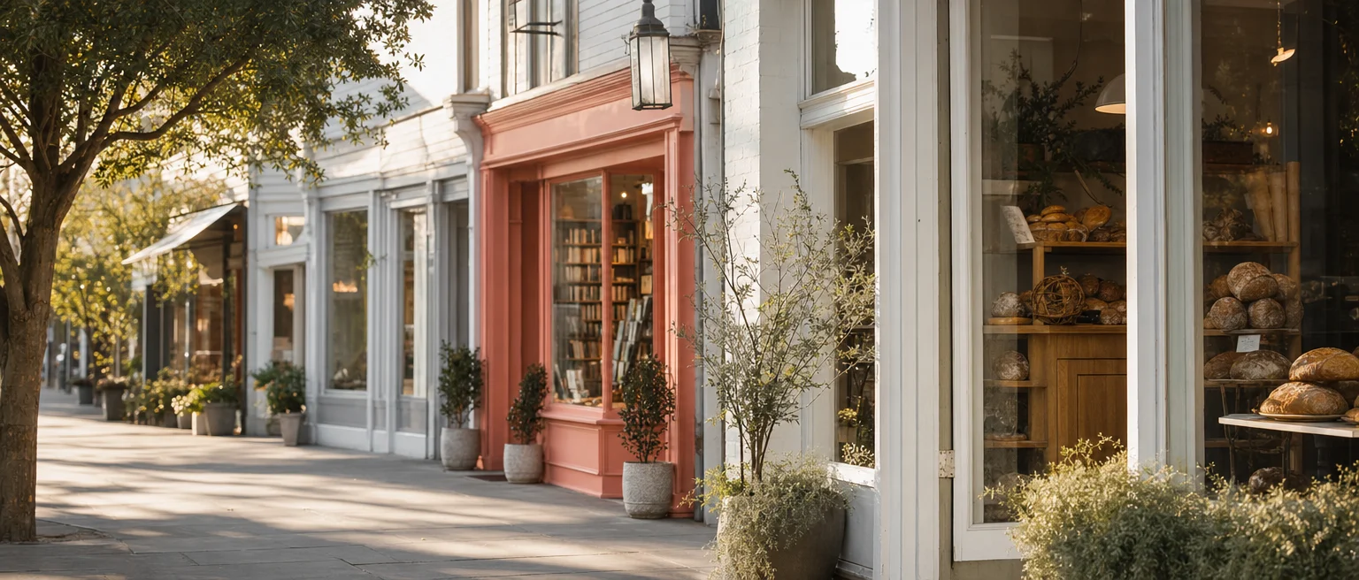 A neighborhood main street of independent storefronts in morning light